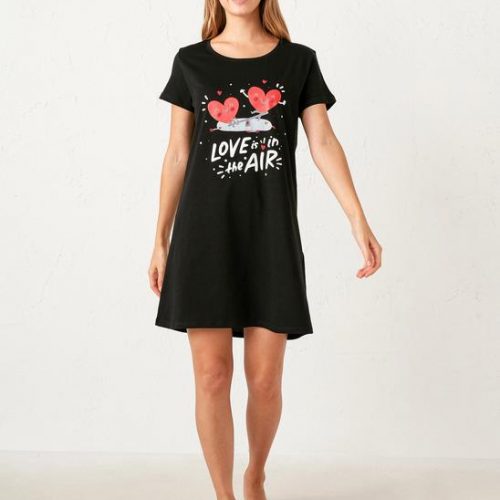 Annonce: Chemise De Nuit Noire Imprimée En Coton (Taille : XS / S / M / L / XL / 2XL)