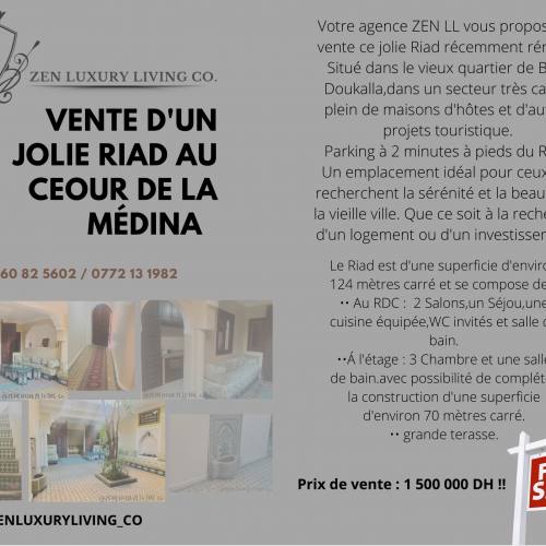 Annonce: Affaire à saisir ! joli Riad au cœur de la médina