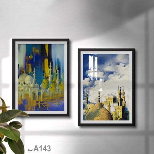 Annonce: Mosquée orientale, Art islamique, Peinture Huile imprimé avec cadre en bois طابلو