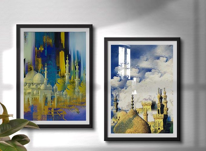 Image annonce: Mosquée orientale, Art islamique, Peinture Huile imprimé avec cadre en bois طابلو