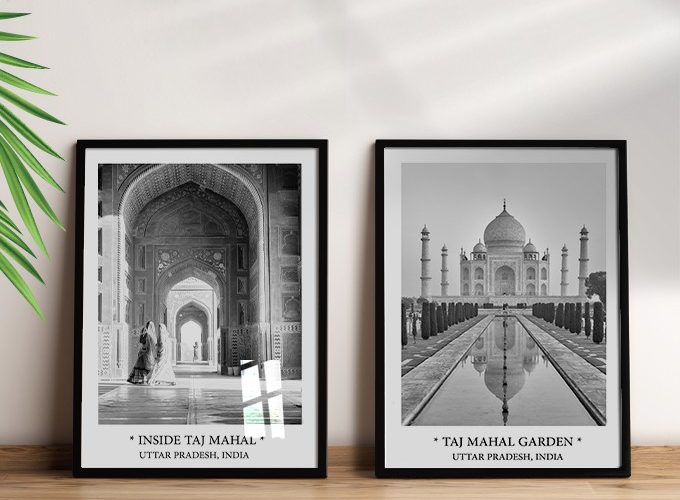Image annonce: Tableau jardin Taj Mahal noir et blanc, cadre en bois, vendu au Maroc