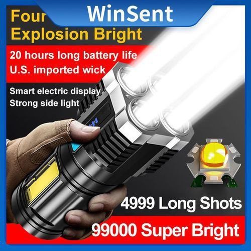 Image annonce: Lampe de poche Ultra lumineuse à 4 têtes, Rechargeable par USB, longue portée