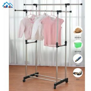 Annonce Portant à Vêtements Double Barre Réglable sur Roulettes – Acier Inoxydable & Base de Rangement