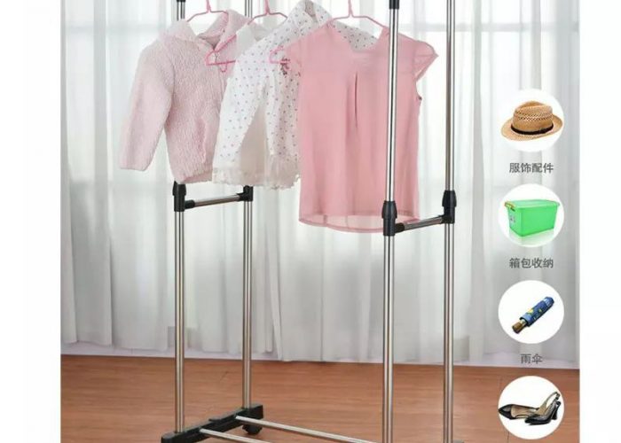 Image annonce: Portant à Vêtements Double Barre Réglable sur Roulettes – Acier Inoxydable & Base de Rangement