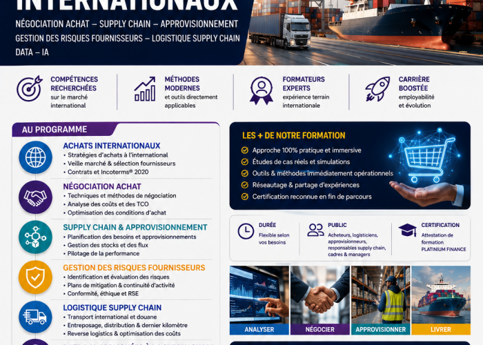 Image annonce: FORMATION ACHATS INTERNATIONAUX- NEGOCIATION ACHAT-SUPPLY CHAIN – APPROVISIONNEMENT -GESTION DES RISQUES FOURNISSEURS-LOGISTIQUE SUPPLY CHAIN-DATA- IA
