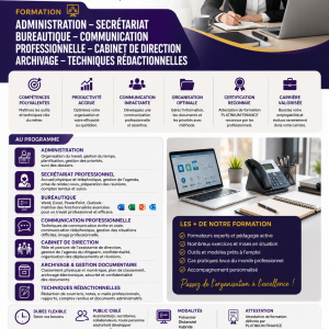 Annonce FORMATION ADMINISTRATION- SECRETARIAT-BUREAUTIQUE -COMMUNICATION PROFESSIONNELLE-CABINET DE DIRECTION-ARCHIVAGE-TECHNIQUES REDACTIONNELLES