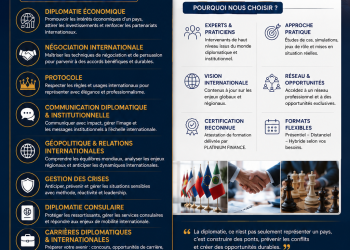 Image annonce: FORMATION DIPLOMATIE ECONOMIQUE – NEGOCIATION – PROTOCOLE – GEOPOLITIQUE – GESTION DES CRISES – CARRIERES INTERNATIONALES